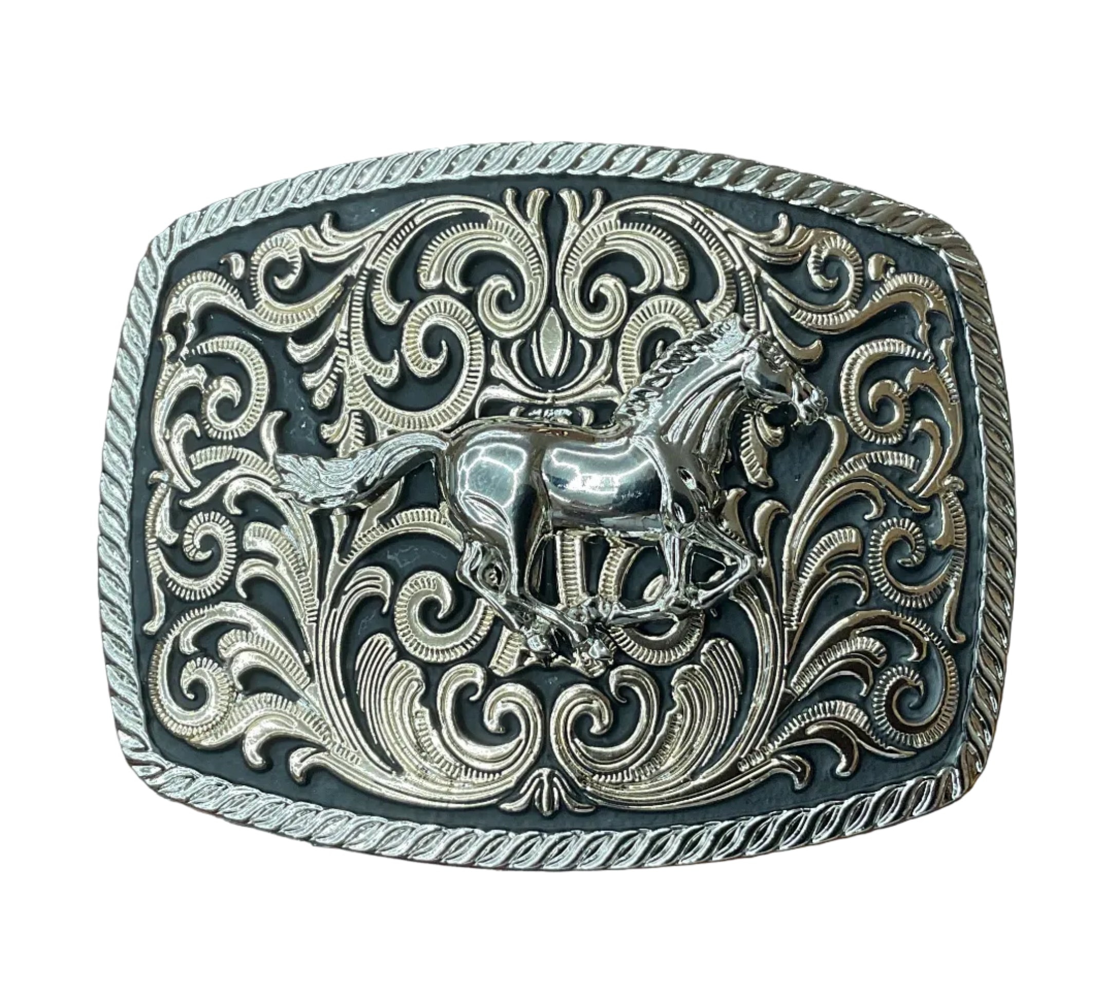Intricate Scrollwork Running Mustang Belt Buckle