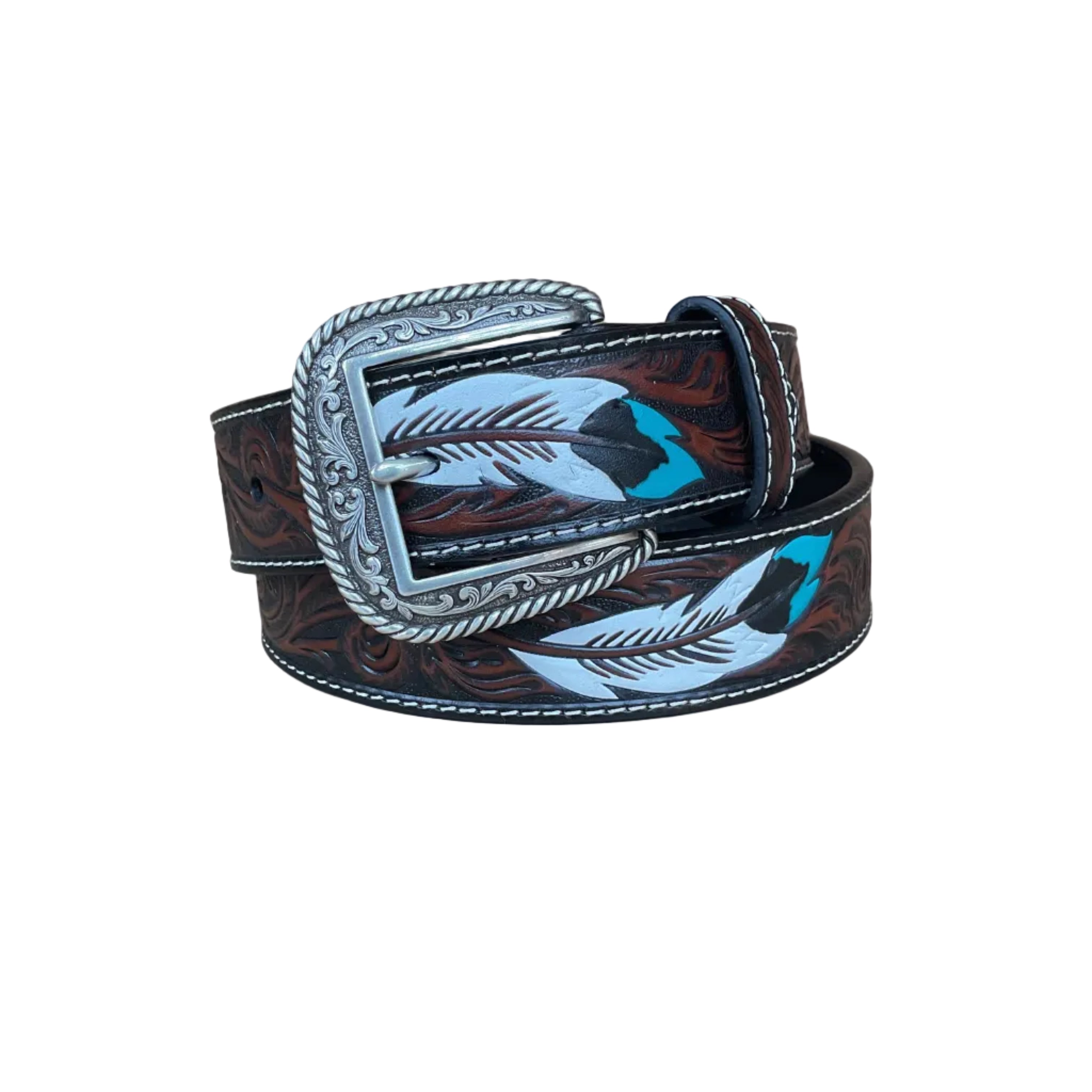ARIAT MENS BELT FEATHER FLORAL EMBOSSED BROWN