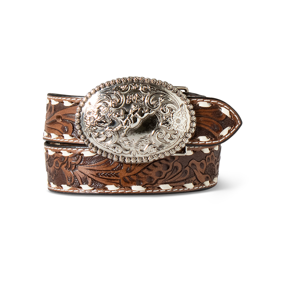 ARIAT BOYS BELT 1 1/4 HAND TOOLED FLORAL BUCK LACE BROWN